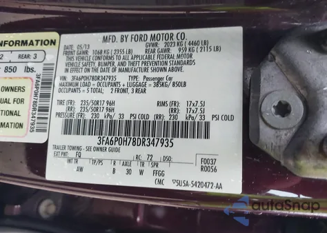 2013 Ford Fusion Se from USA, damaged, VIN 3FA6P0H78DR347935